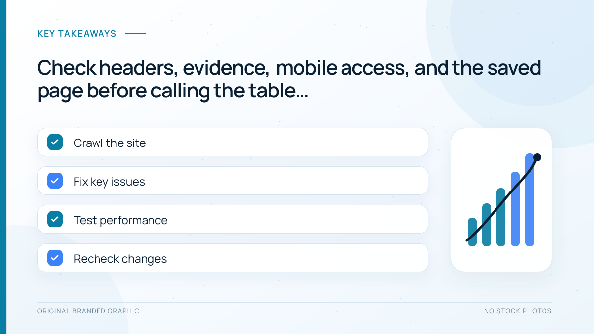 Checklist for comparison table headers, sources, mobile access and crawl visibility