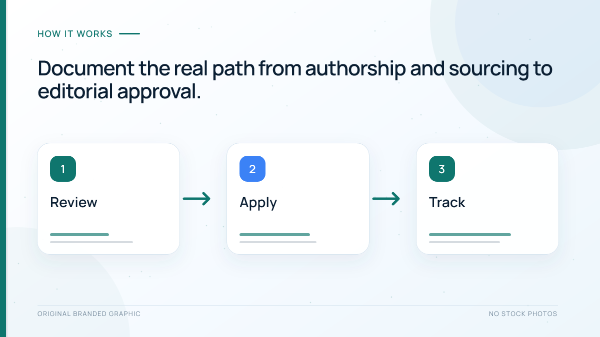 WordPress editorial policy workflow from authorship through sourcing and review