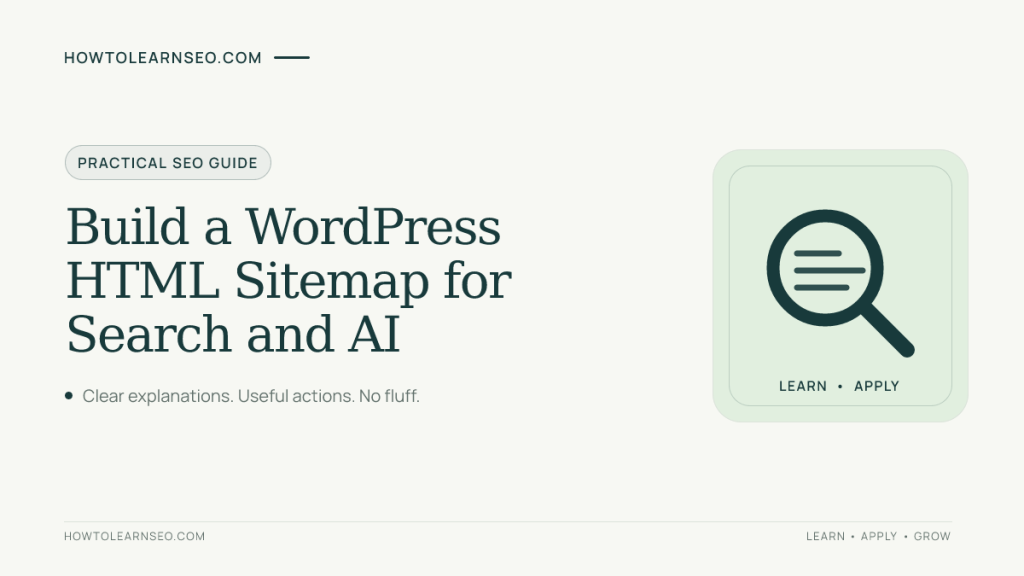 WordPress HTML sitemap guide in classic teal text beside a flat magnifying-glass icon